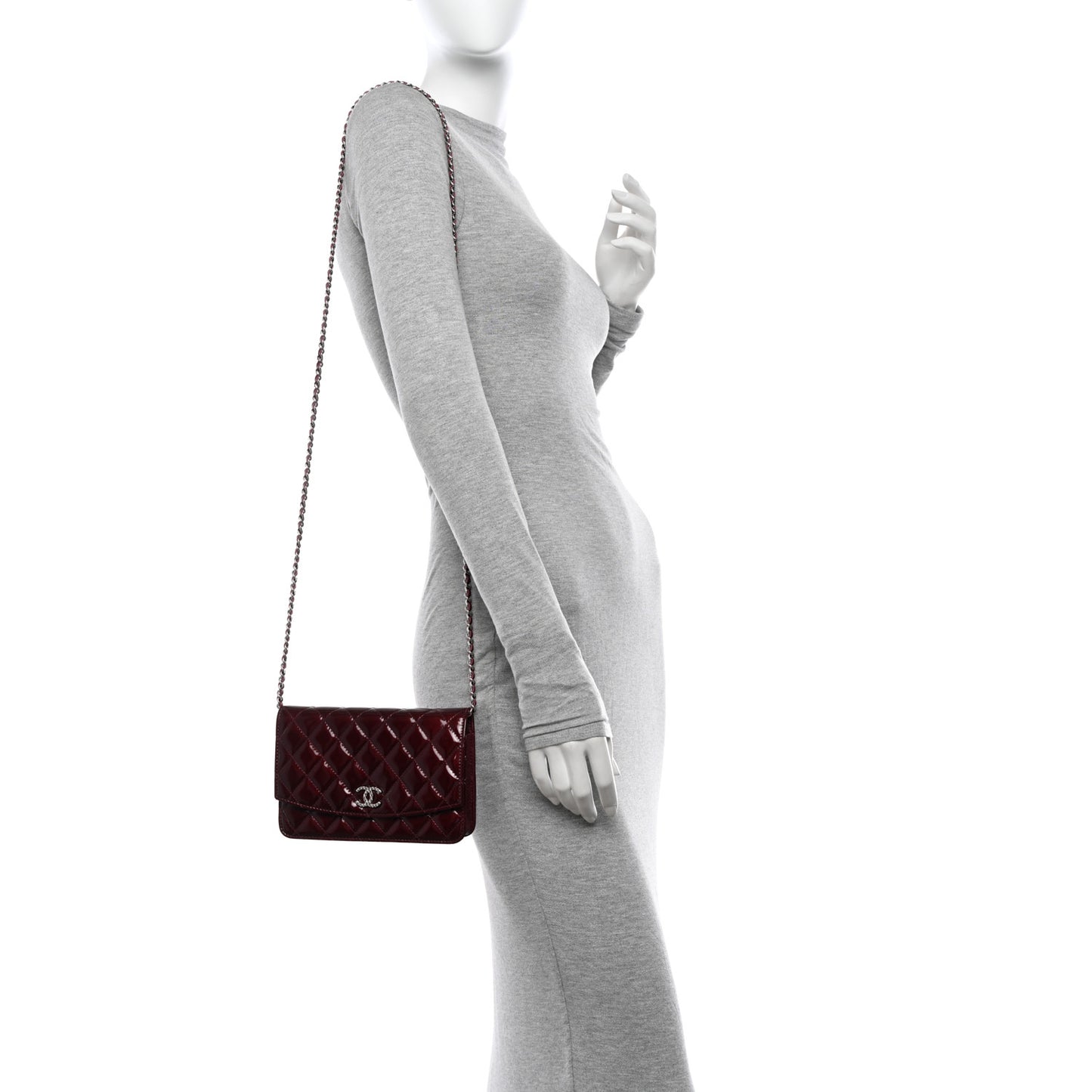Patent Quilted Brilliant Wallet On Chain WOC Dark Burgundy