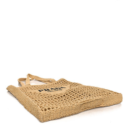 Prada Yarn Raffia Effect Crochet Logo Embroidered Tote Bag Naturale 4 of 9