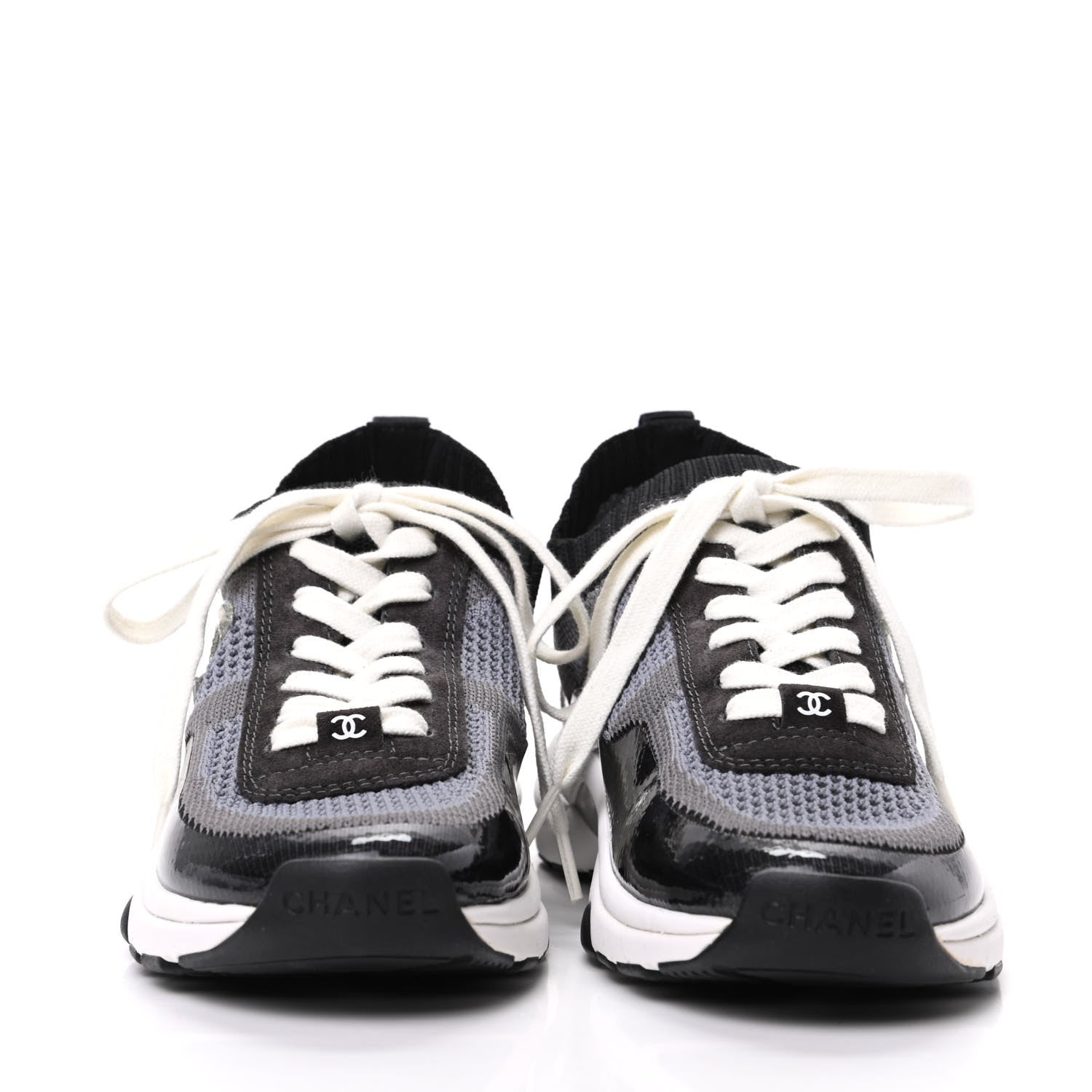Chanel Fabric Calfskin Suede CC Womens Sneakers 35 Black Grey 2 of 8