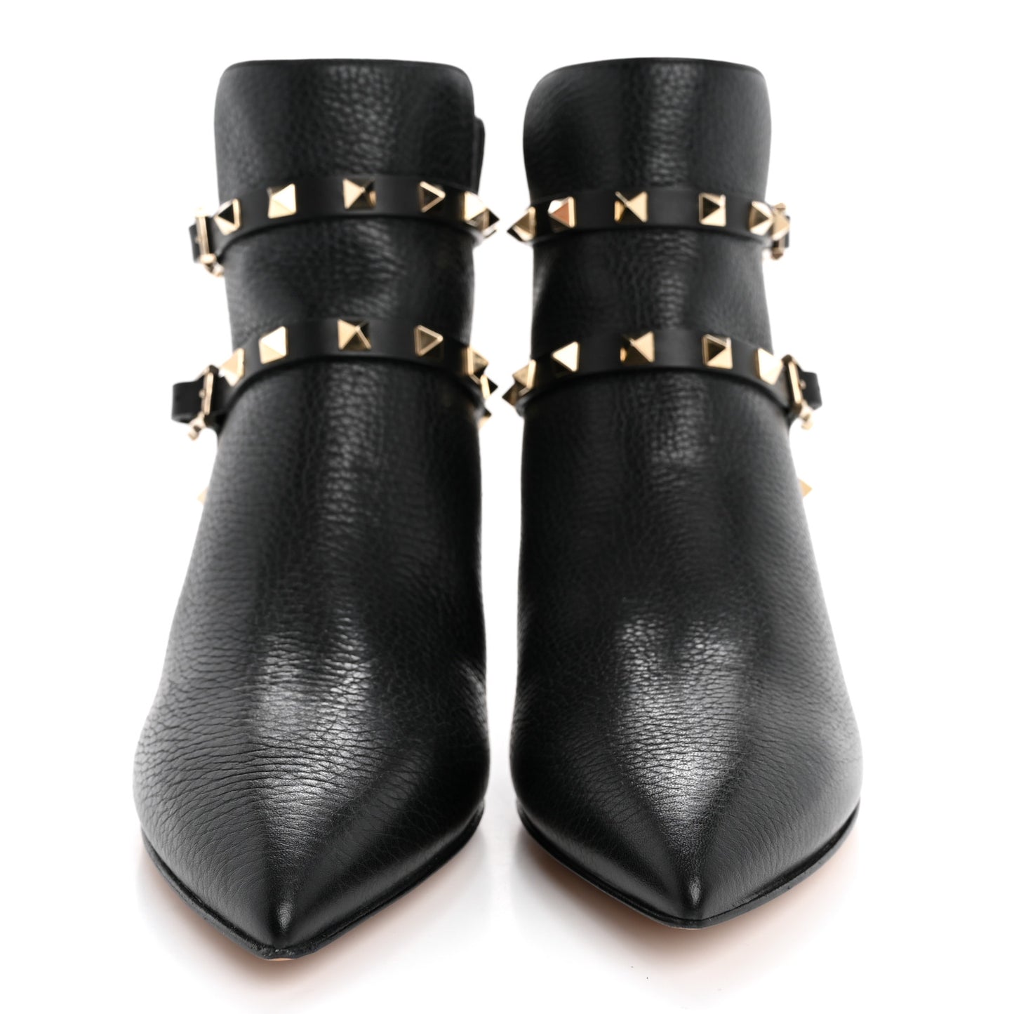 Pebbled Calfskin Rockstud Double Buckle 65mm Ankle Boots 38.5 Black