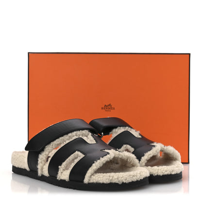 Hermes Calfskin Woolskin Womens Chypre Sandals 38 Black Ecru 11 of 11