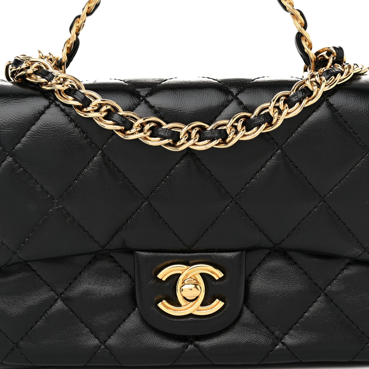 Shiny Lambskin Quilted Golden Links Top Handle Flap Black