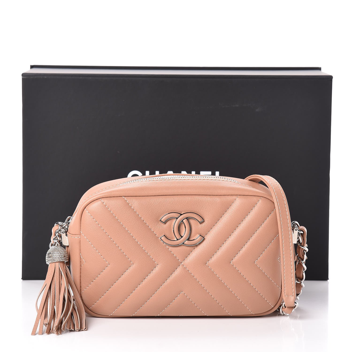 Chanel Calfskin Chevron Quilted Tassel Camera Case Dark Beige 10 of 10