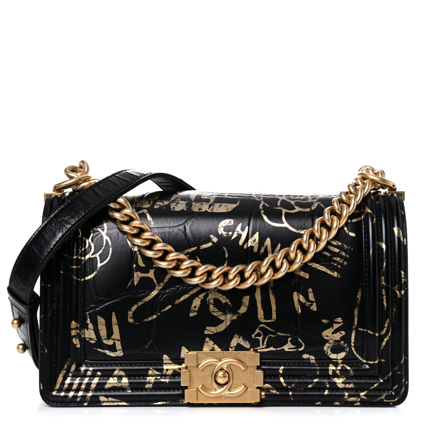 Calfskin Crocodile Embossed Graffiti Cocodile Medium Boy Flap Black