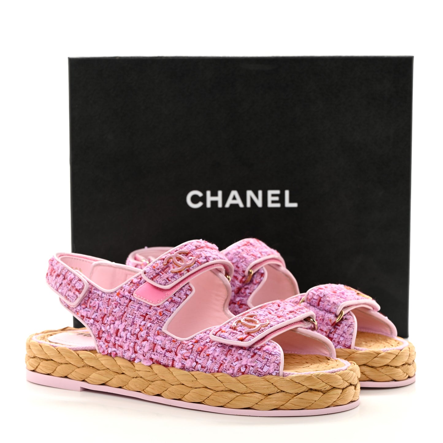 Tweed Patent Calfskin Velcro Dad Sandals 38.5 Light Purple Pink Red
