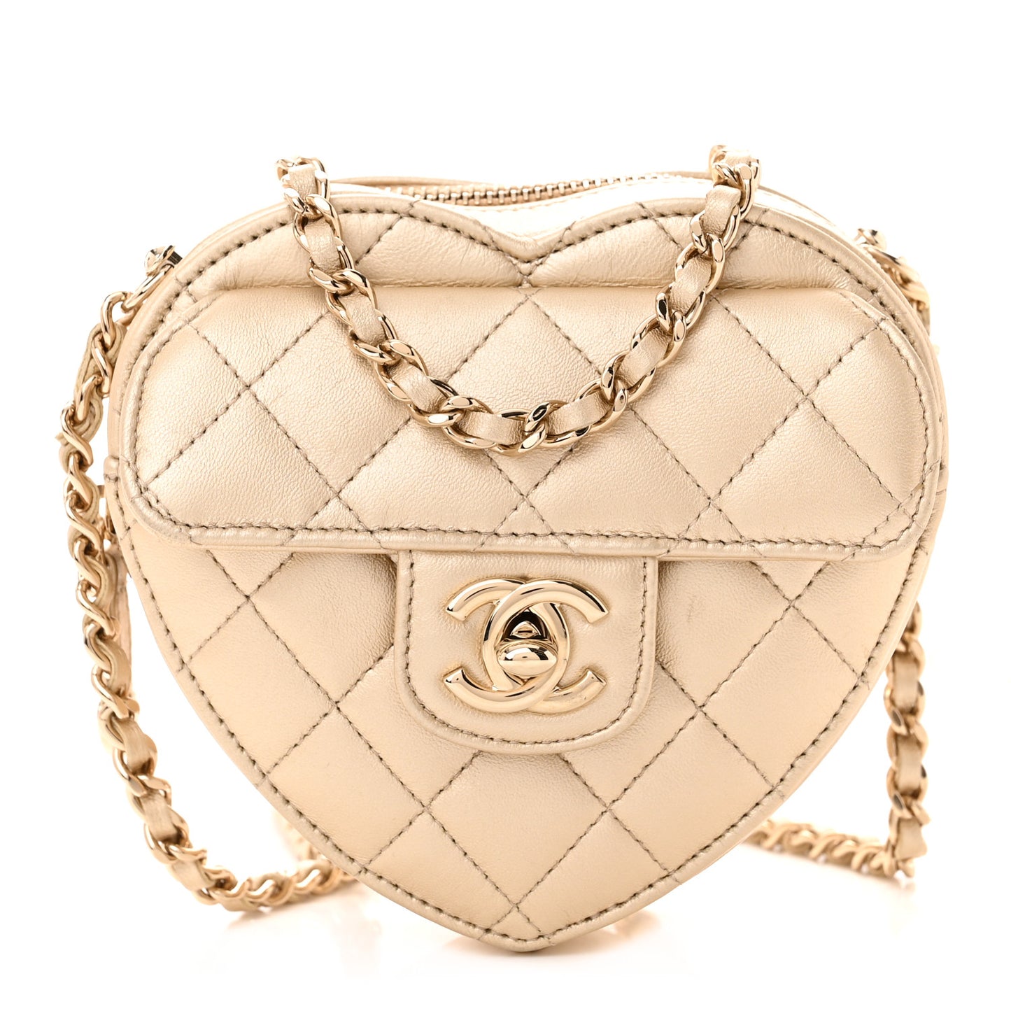 Metallic Lambskin Quilted CC In Love Heart Clutch With Chain Gold