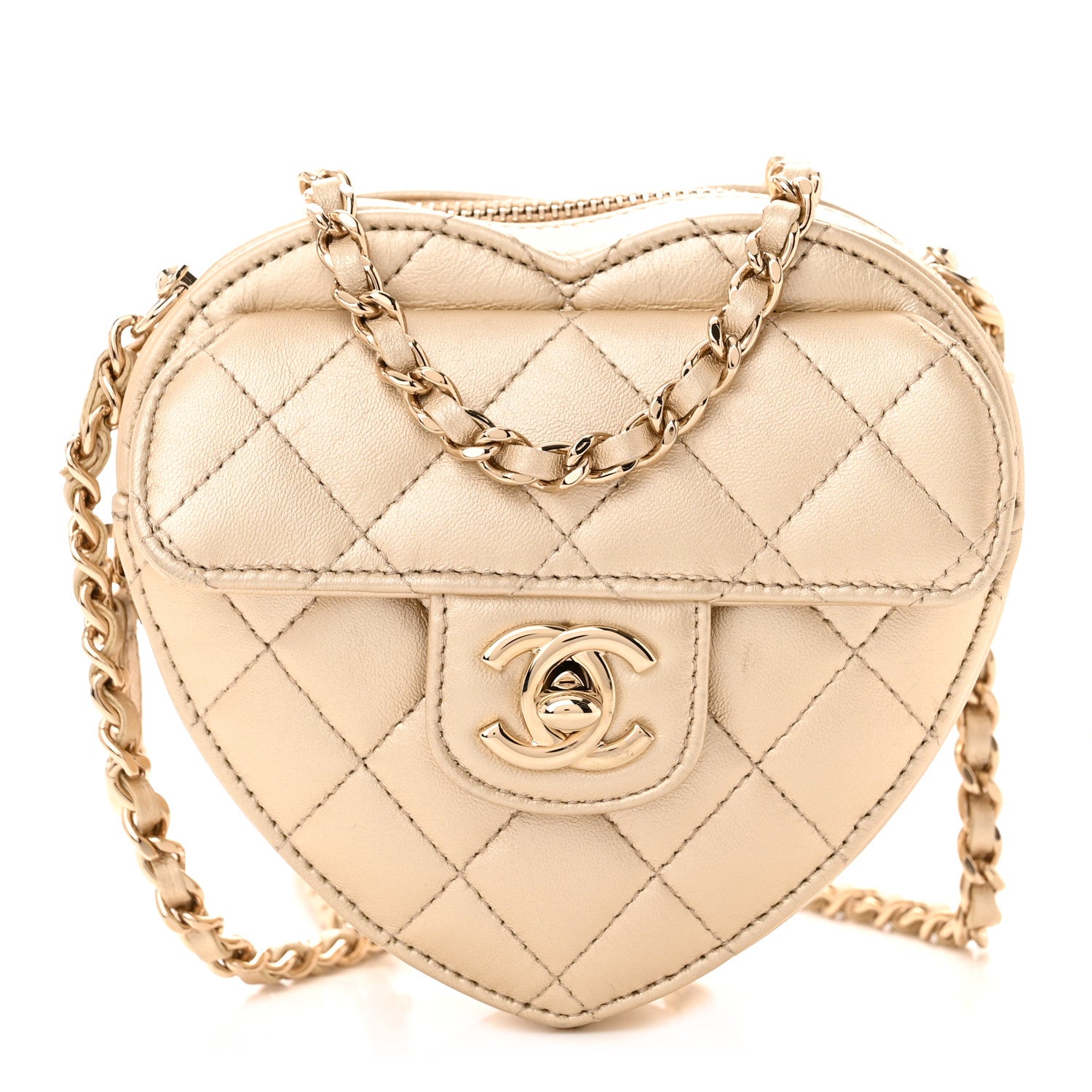Chanel Metallic Lambskin Quilted CC In Love Heart Clutch With Chain Gold 1 of 10