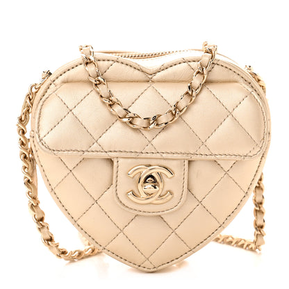 Chanel Metallic Lambskin Quilted CC In Love Heart Clutch With Chain Gold 1 of 10