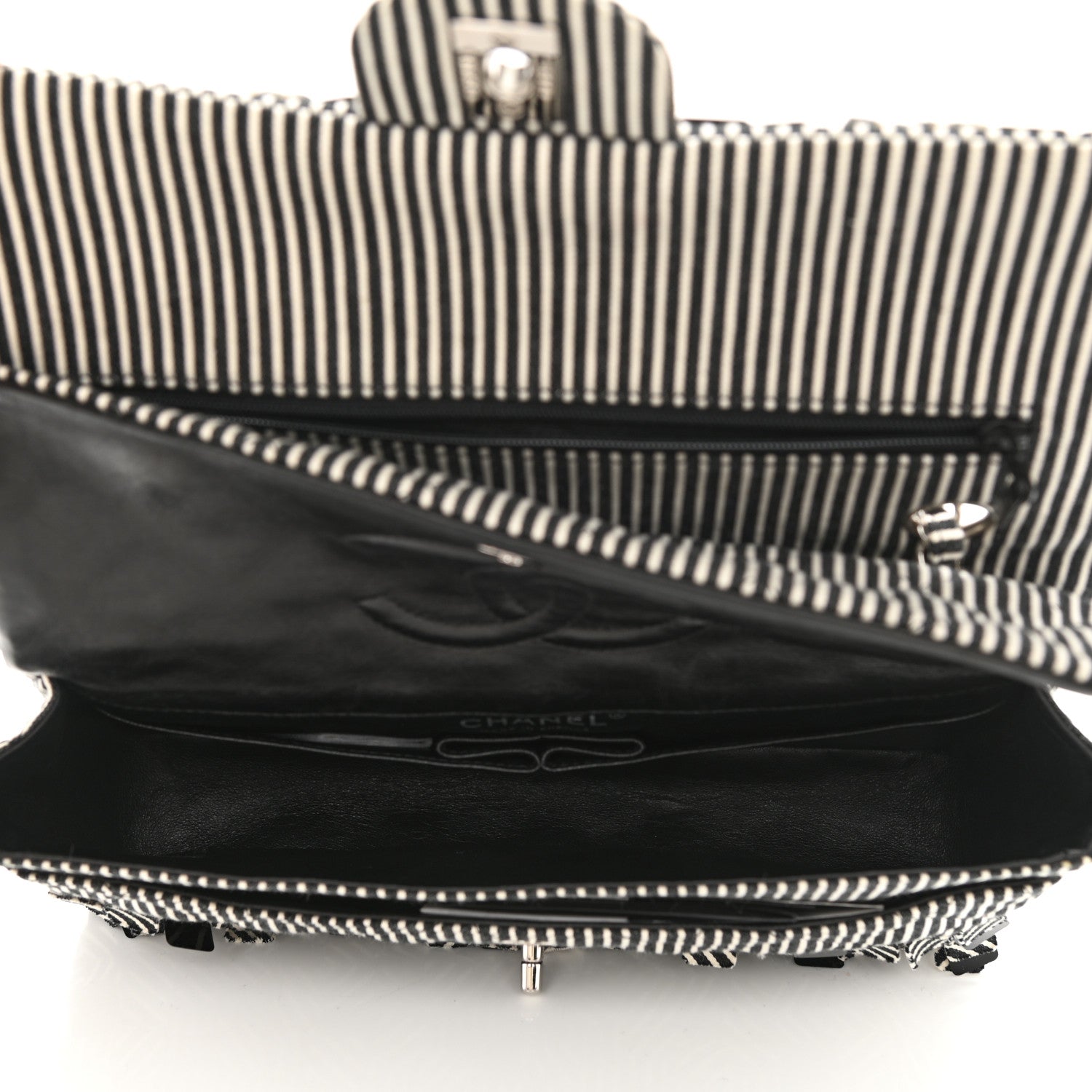 Chanel Canvas Sequin Stripe Medium Double Flap Black White 5 of 8