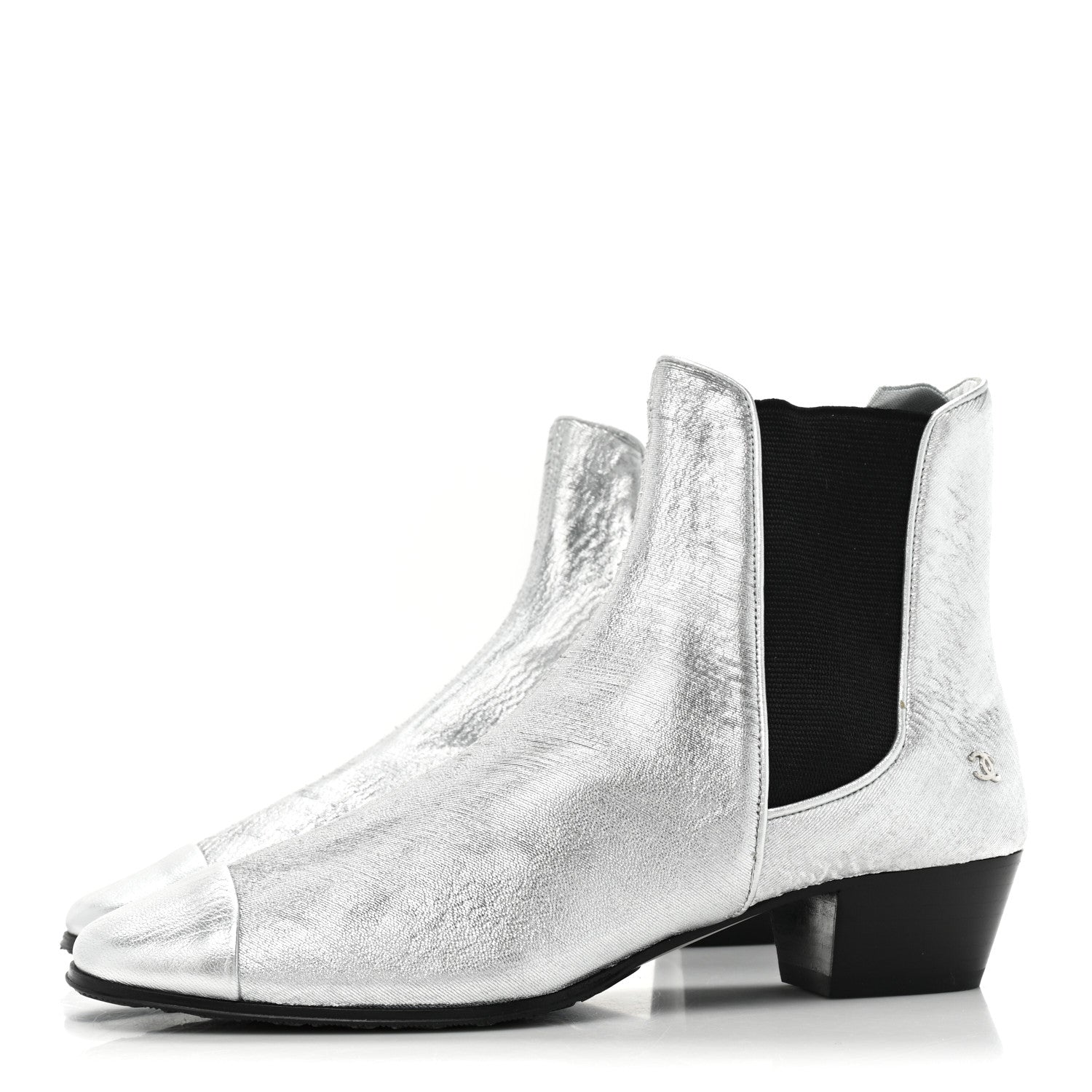 Chanel Fantasy Laminated Lambskin Cap Toe Ankle Boots 37 Silver 3 of 10
