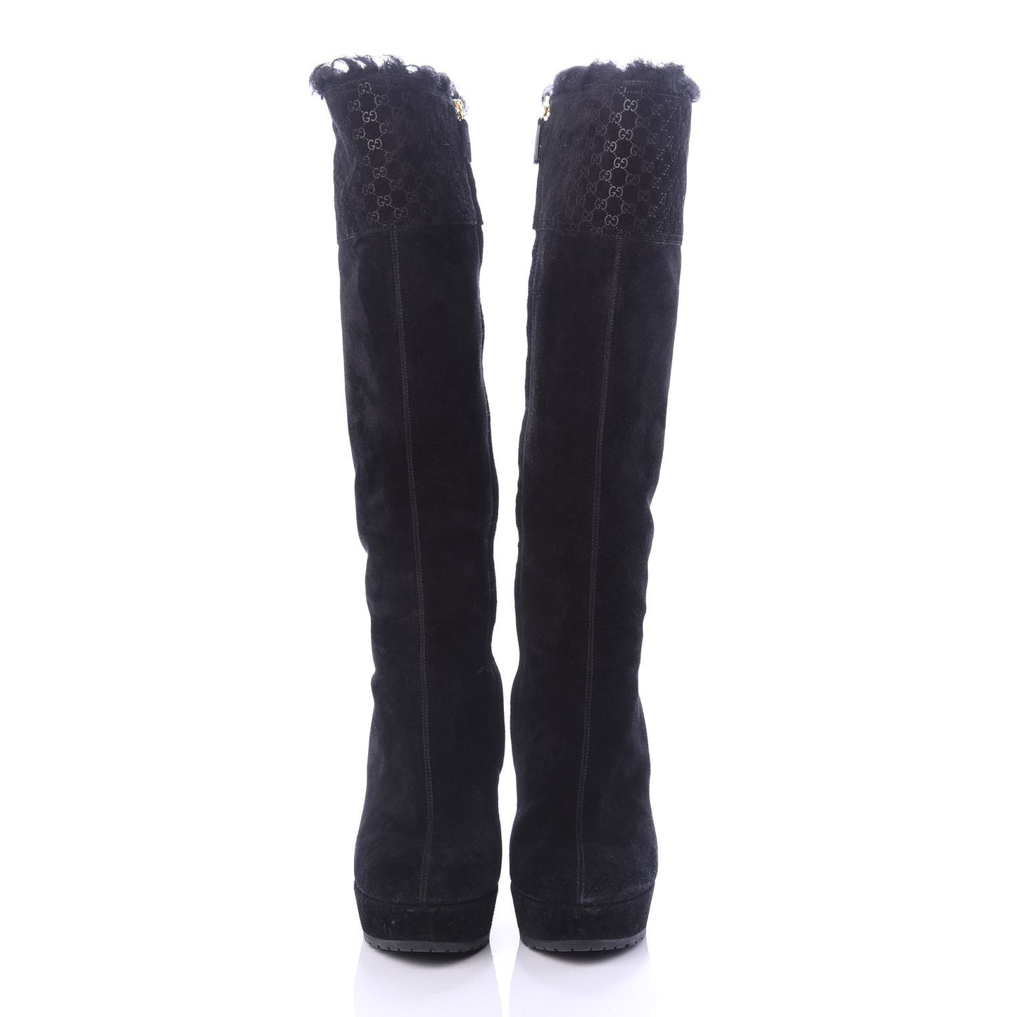 Suede Shearling Fur Microguccissima Courtney Tall Wedge Boots 38.5 Black