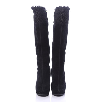 Gucci Suede Shearling Fur Microguccissima Courtney Tall Wedge Boots 38.5 Black 2 of 7