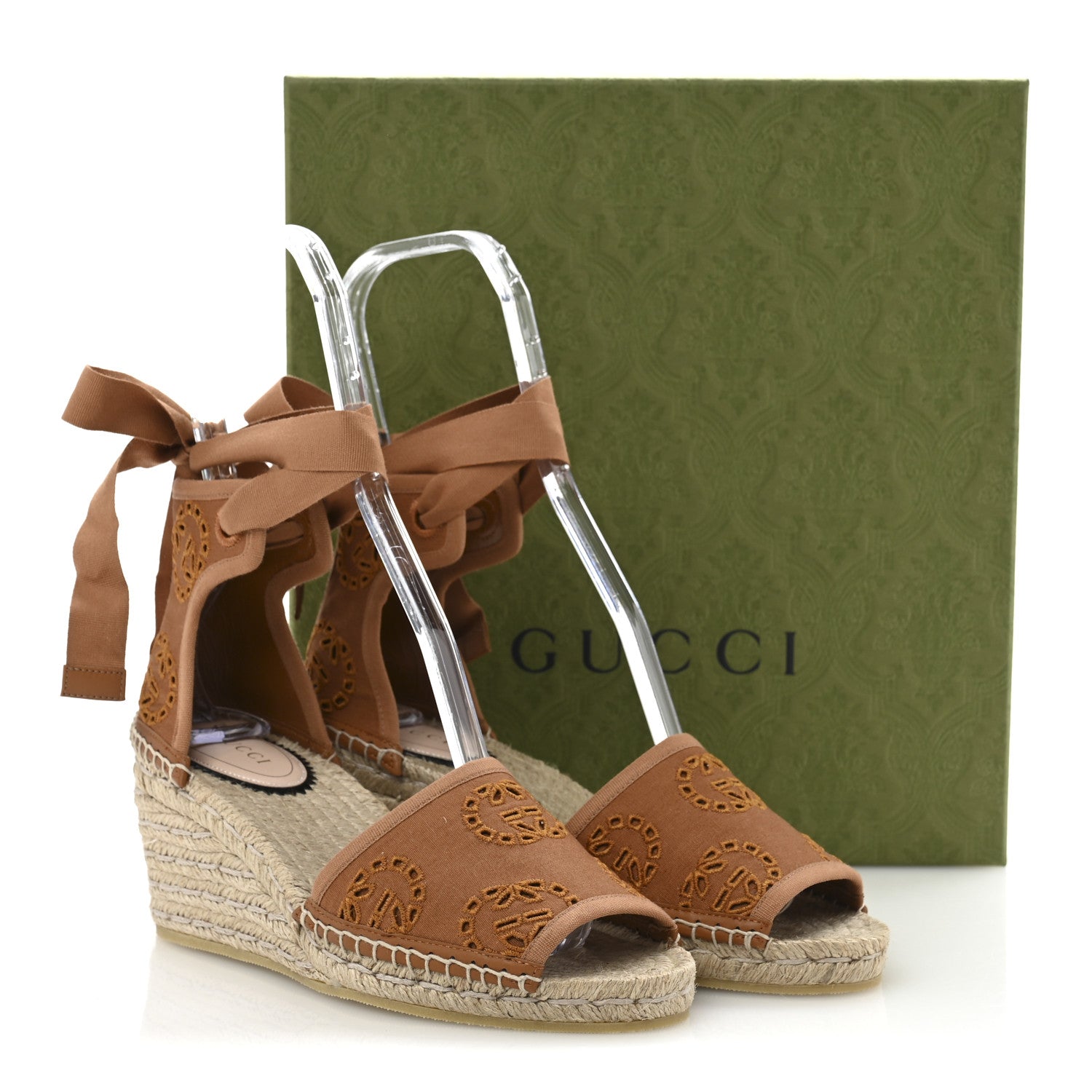 Gucci Canvas Damita GG Eyelet Espadrille Wedge Sandals 37.5 Blondie Cognac 10 of 10