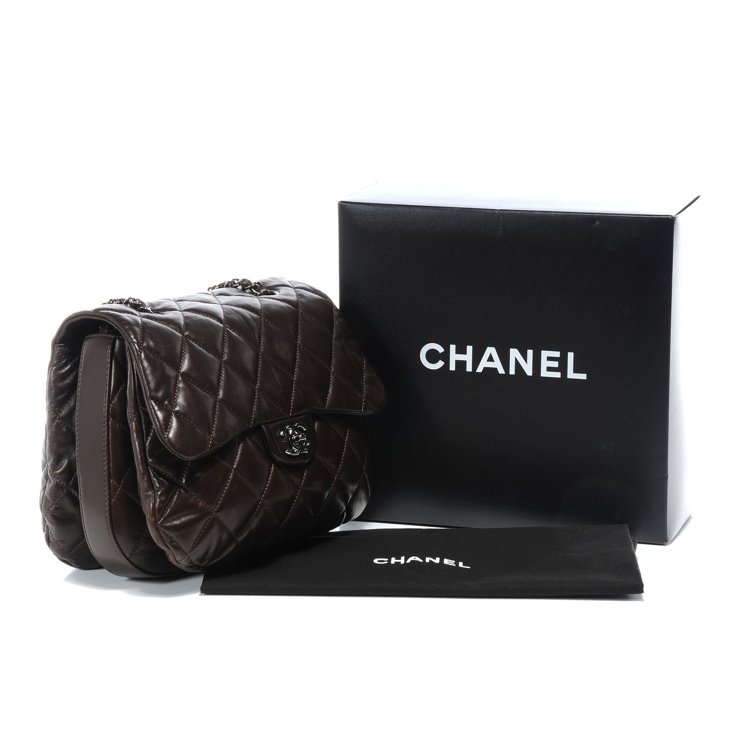 Lambskin Quilted 3 Large Flap Dark Brown
