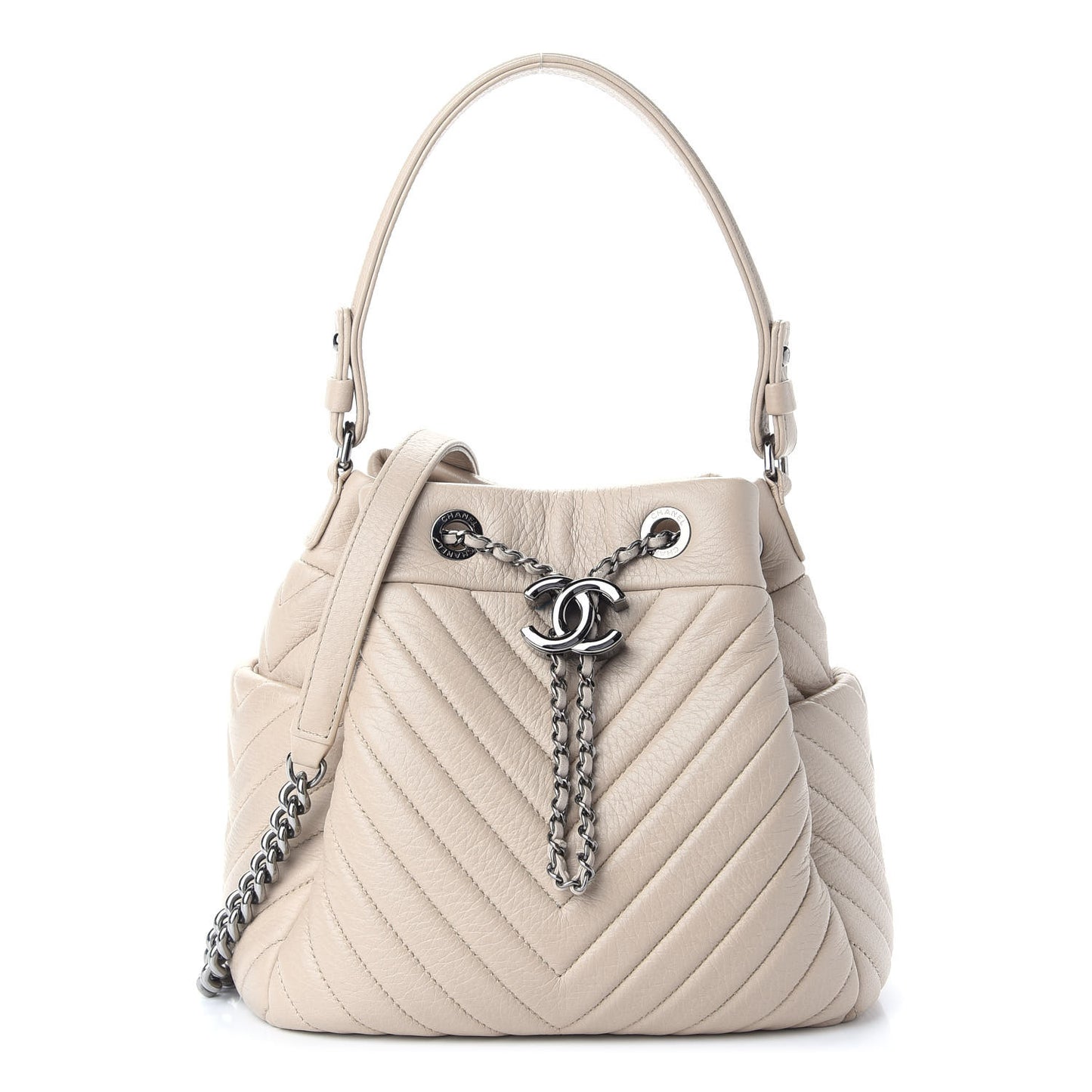 Deerskin Chevron Small CC Chain Bucket Bag Beige