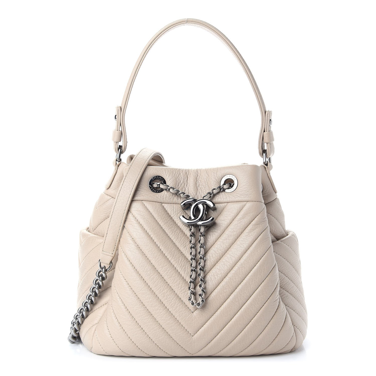 Chanel Deerskin Chevron Small CC Chain Bucket Bag Beige 1 of 8
