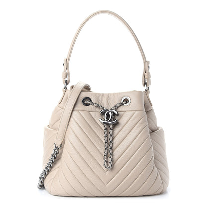 Chanel Deerskin Chevron Small CC Chain Bucket Bag Beige 1 of 8