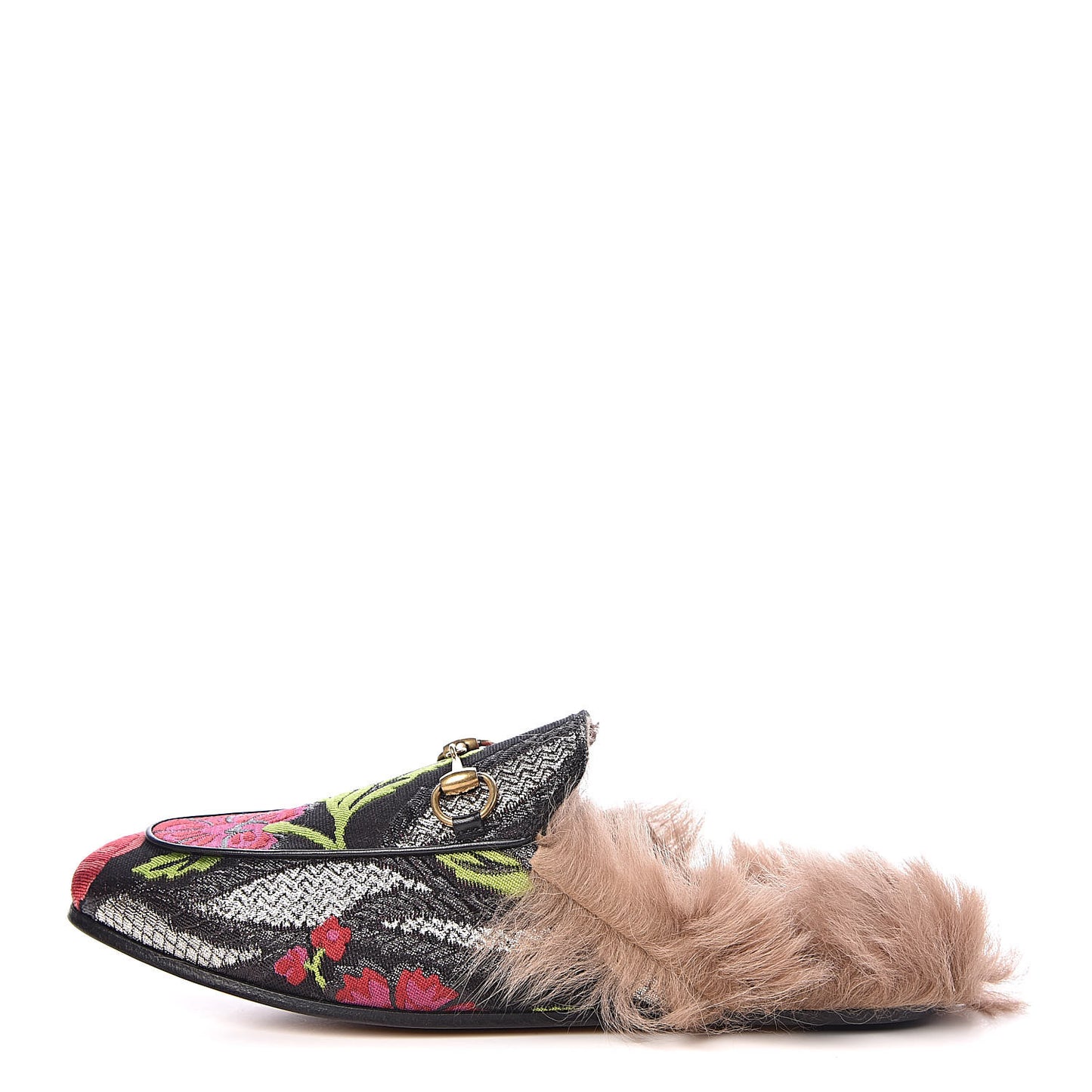 Brocade Fur Floral Womens Princetown Slippers 37 Black Anthracite