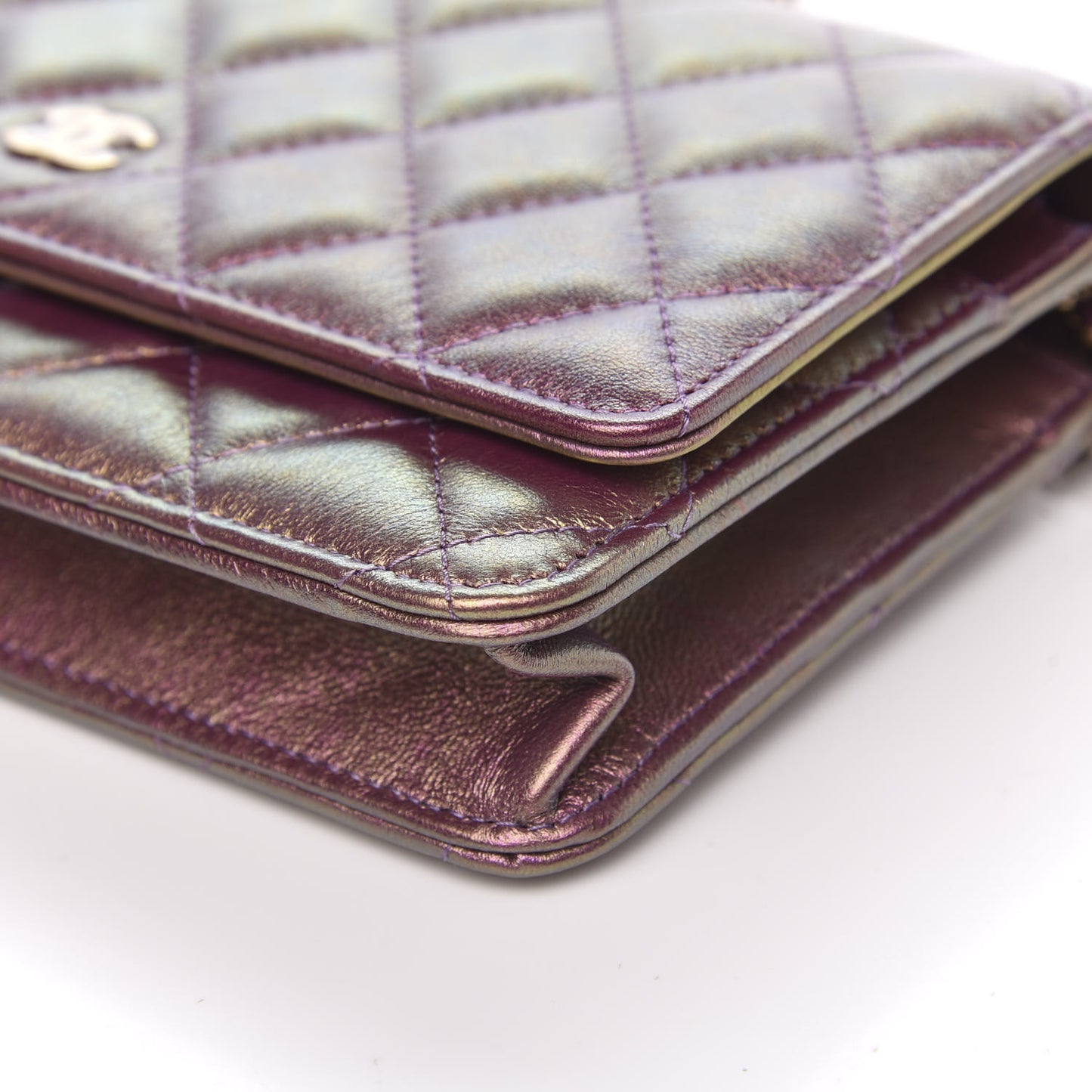 Iridescent Lambskin Quilted Wallet On Chain WOC Purple
