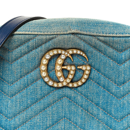 Gucci Denim Matelasse Small Pearly GG Marmont Chain Shoulder Bag Blue 9 of 11