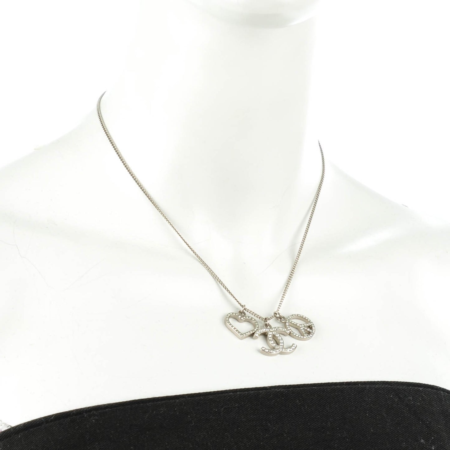 Crystal Heart Peace CC Charm Necklace Silver