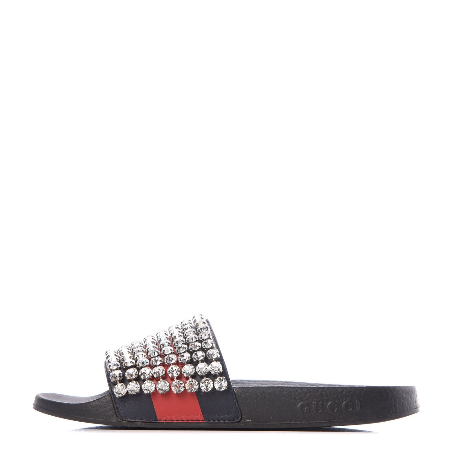 Calfskin Crystal Embellished Web Slide Sandals 39 Blue Red