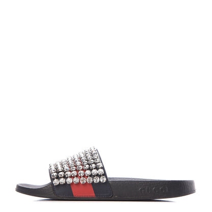 Gucci Calfskin Crystal Embellished Web Slide Sandals 39 Blue Red 1 of 15