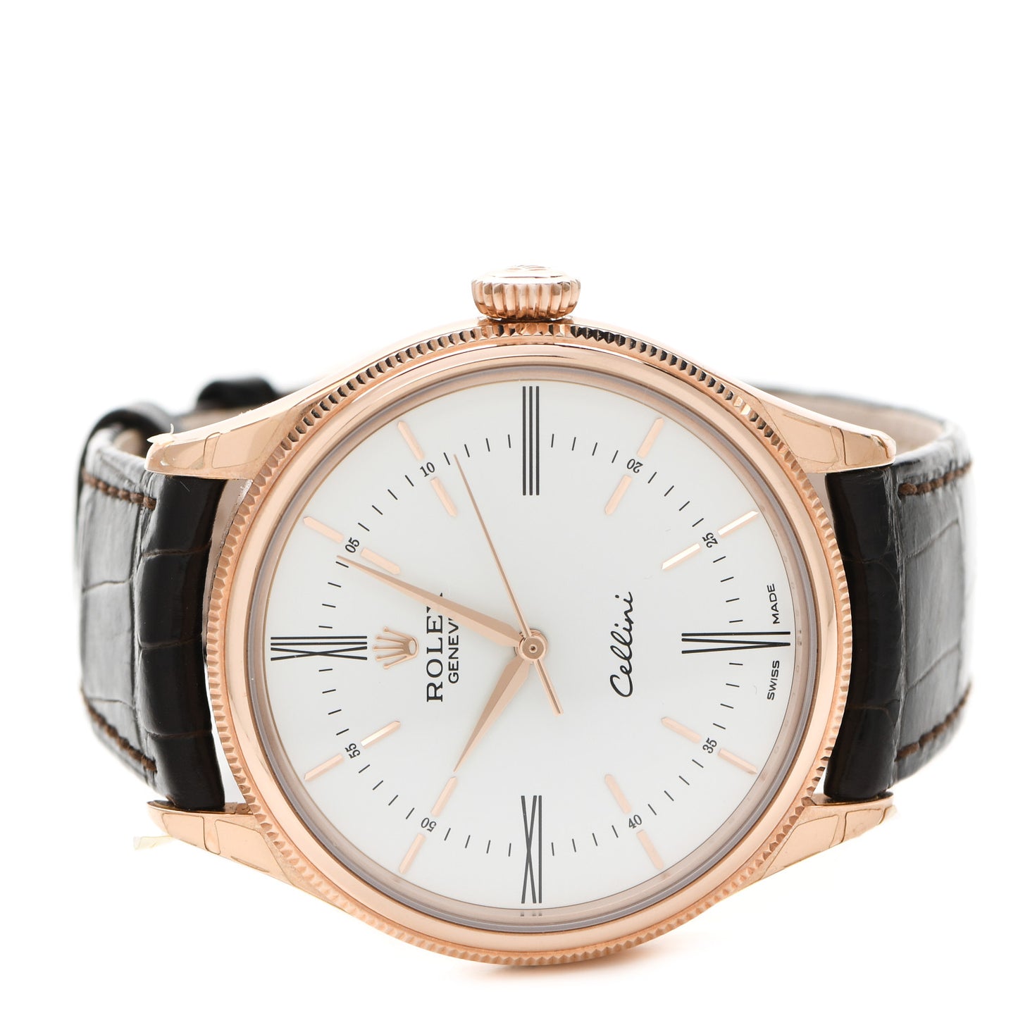 18K Everose Gold Alligator 39mm Cellini Watch White 50505
