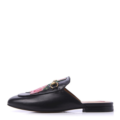 Gucci Calfskin Flower Embroidered Womens Princetown Slippers 37.5 Black 1 of 8