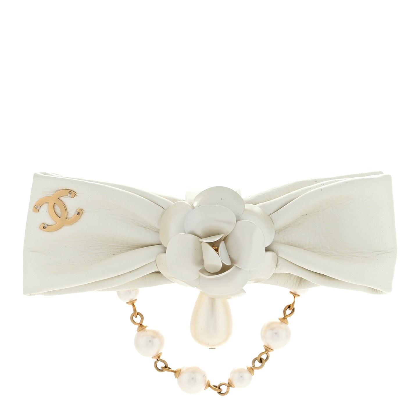 Metal Pearl Camelia CC Bow Brooch White Gold