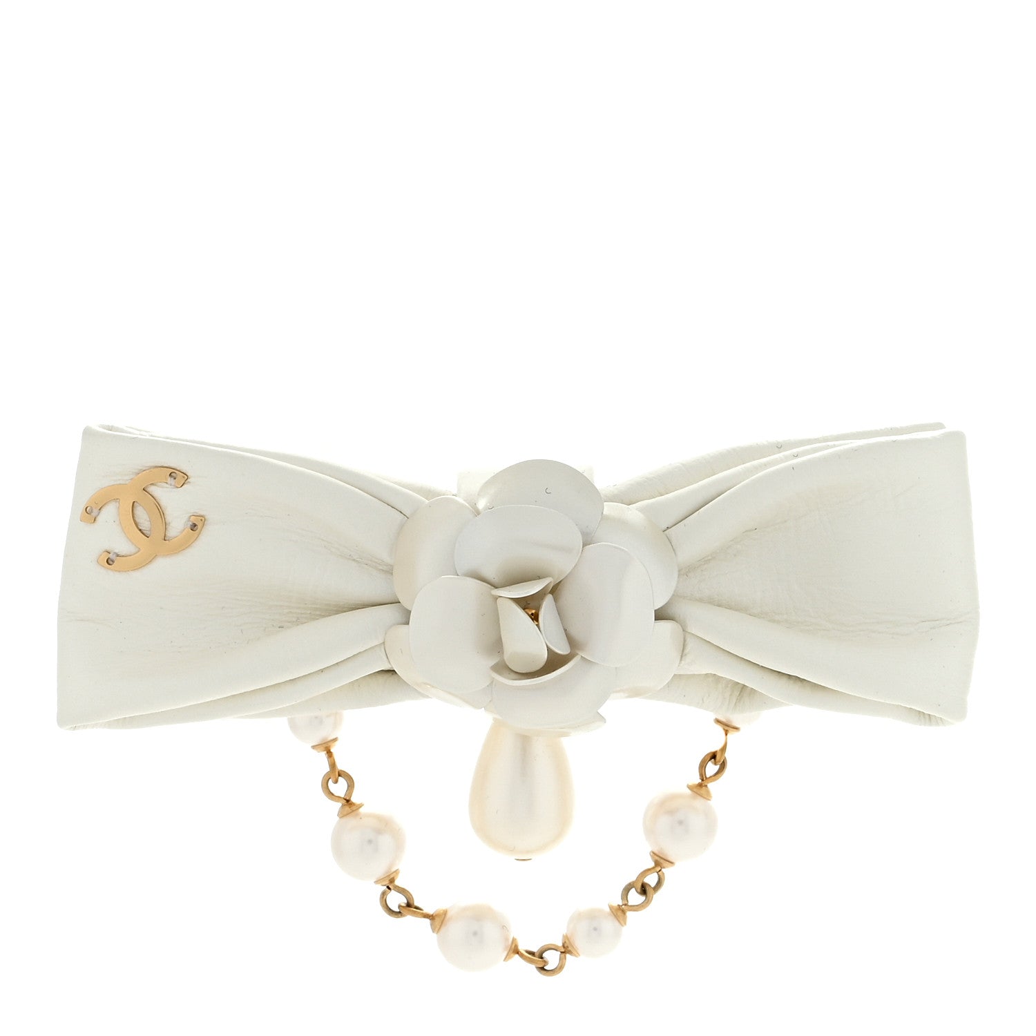 Chanel Metal Pearl Camelia CC Bow Brooch White Gold 1 of 3