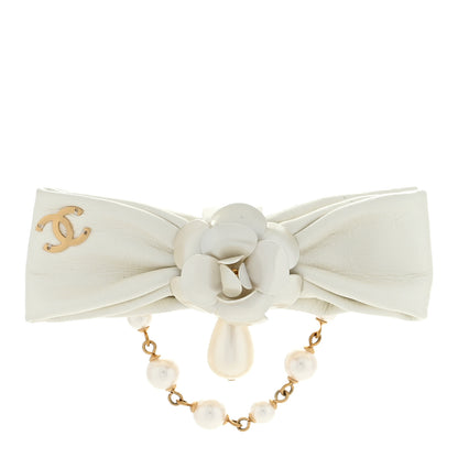 Chanel Metal Pearl Camelia CC Bow Brooch White Gold 1 of 3