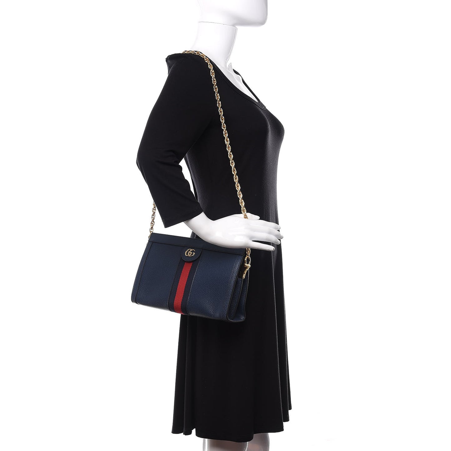 Textured Calfskin Web Small Ophidia Chain Shoulder Bag Blue Agata