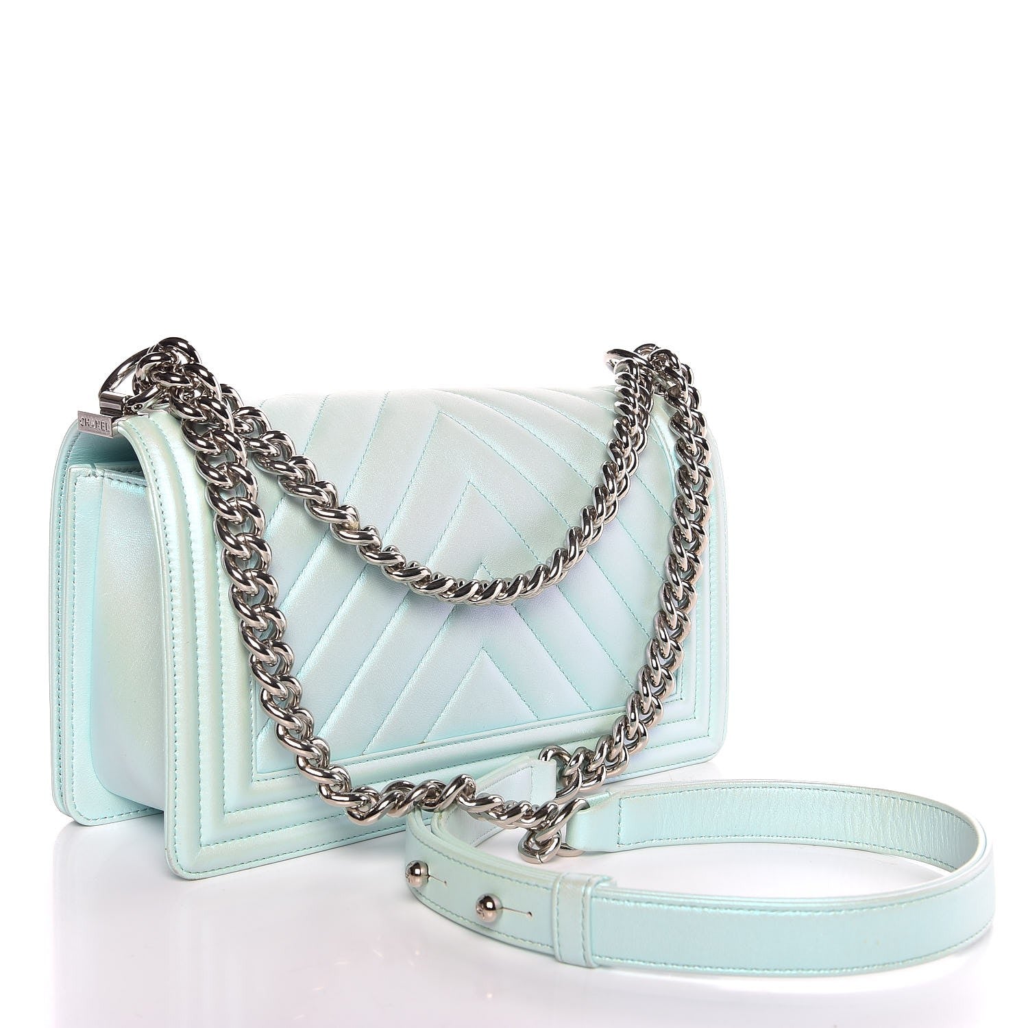 Chanel Metallic Lambskin Chevron Quilted Medium Boy Flap Light Blue 3 of 7