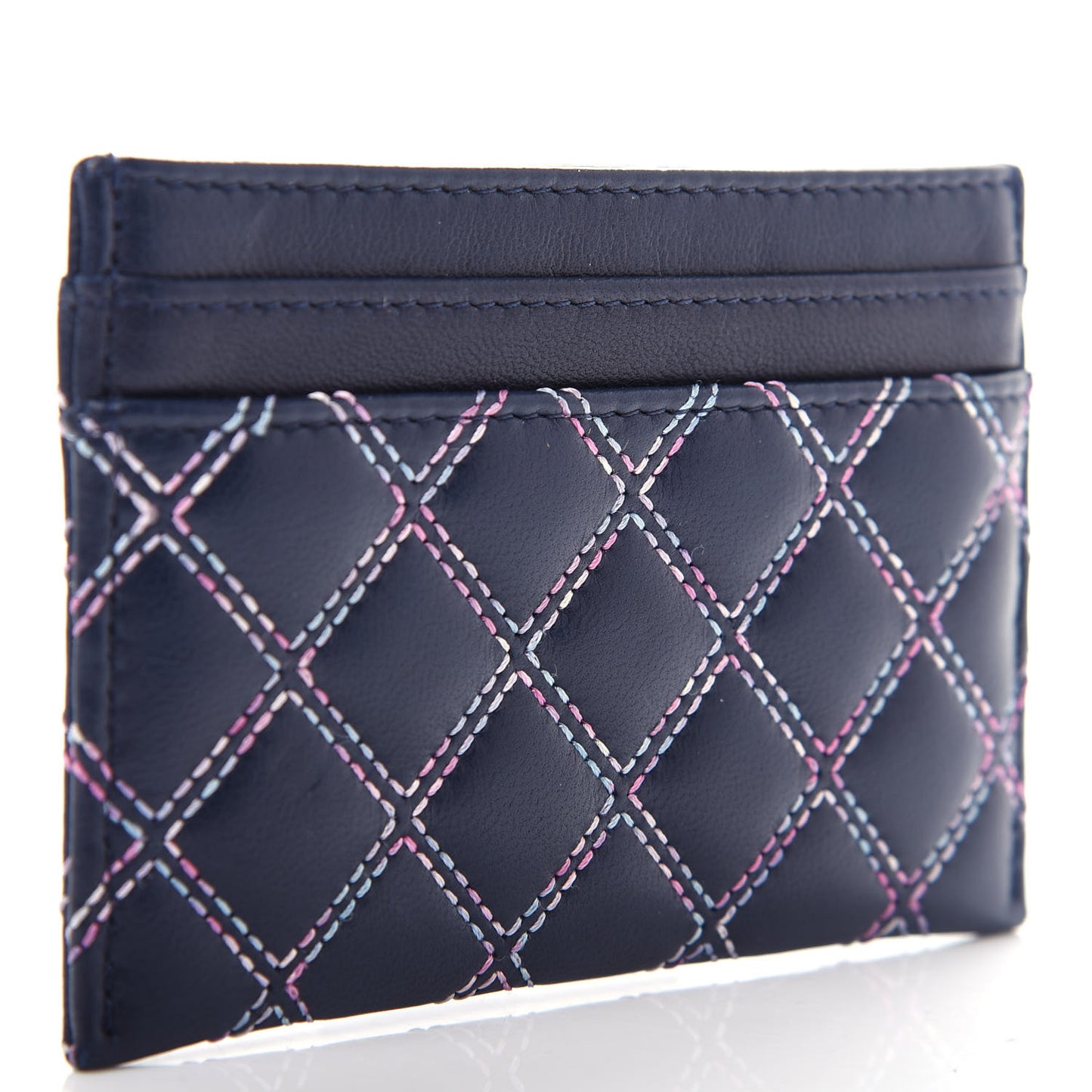 Lambskin Double Stitch Quilted Card Holder Navy Blue