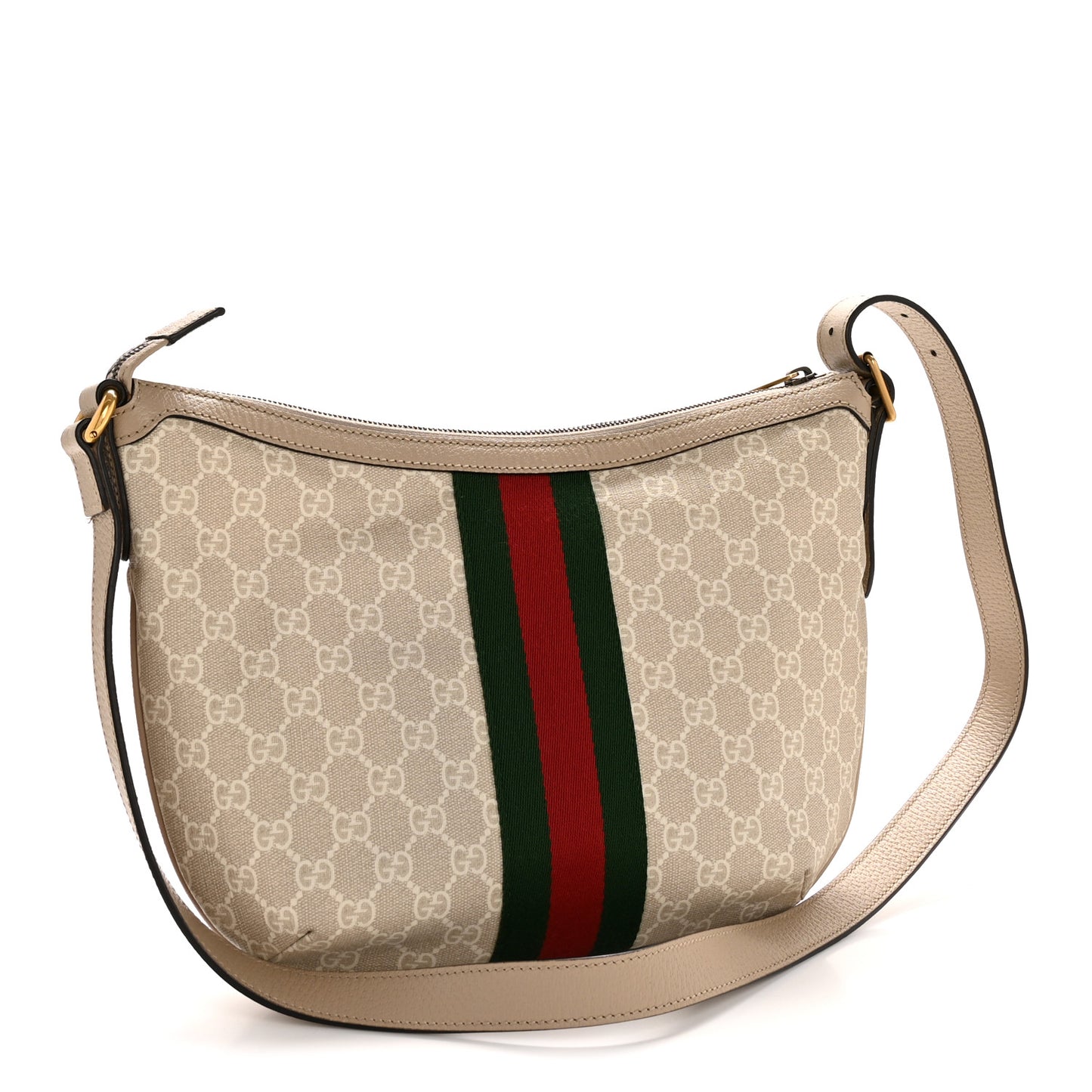 GG Supreme Monogram Textured Dollar Calfskin Web Small Ophidia Half Moon Hobo Beige Mystic White Oatmeal