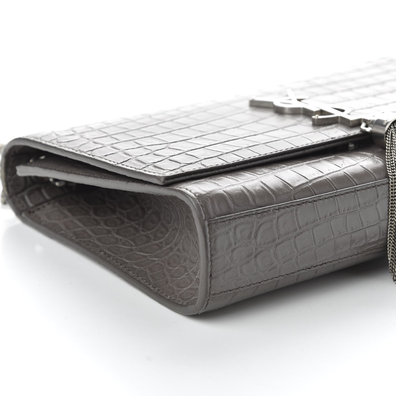 Saint Laurent Calfskin Crocodile Embossed Medium Classic Monogram Kate Tassel Satchel Fog 6 of 9
