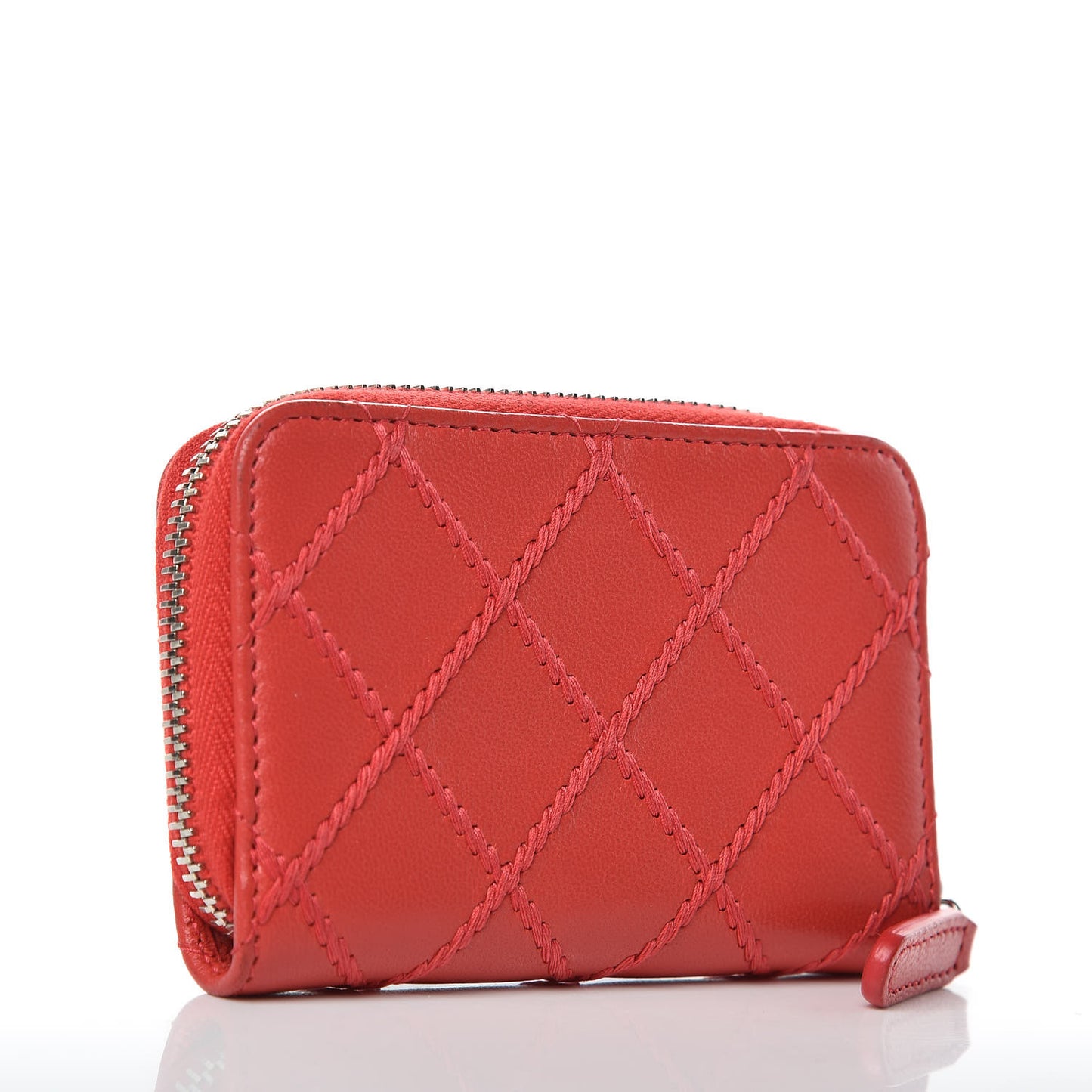 Lambskin Double Stitch Zip Coin Purse Coral Pink