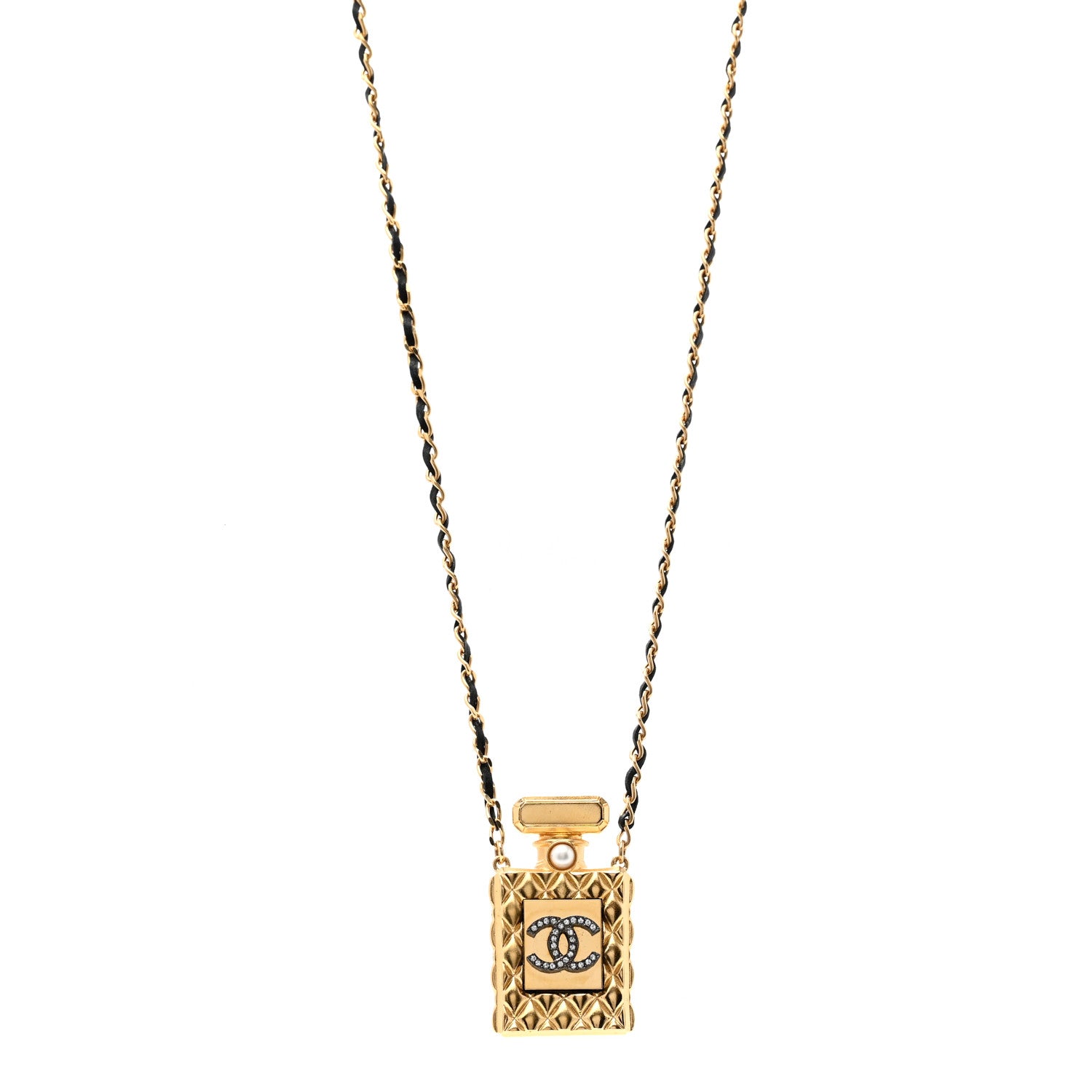 Chanel Crystal Pearl Perfume Bottle CC Necklace Black Gold 1 of 6