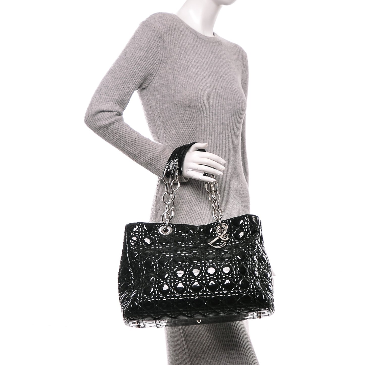 Patent Cannage Large Dior Soft Shopping Tote Black