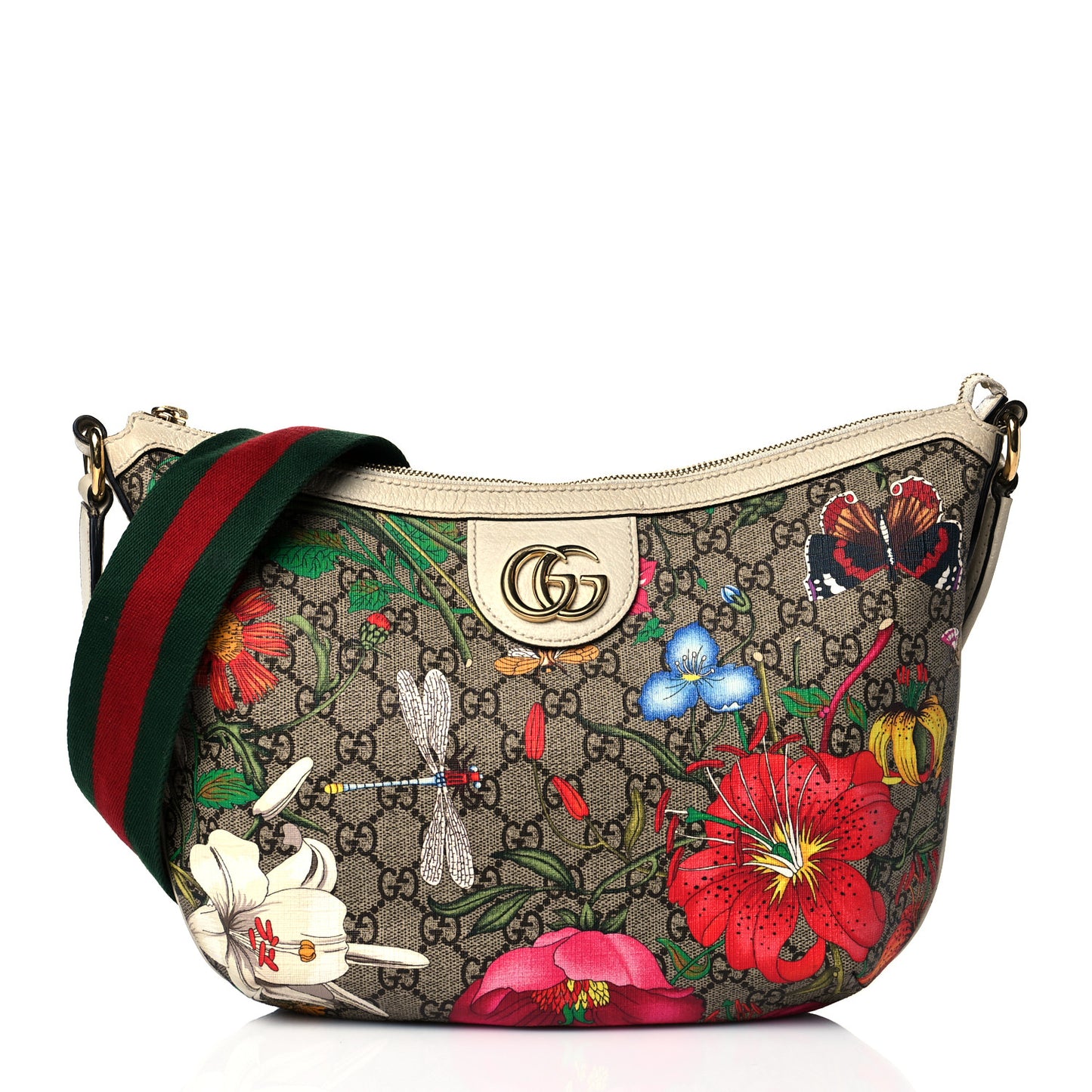 GG Supreme Monogram Flora Web Small Ophidia Half Moon Hobo White