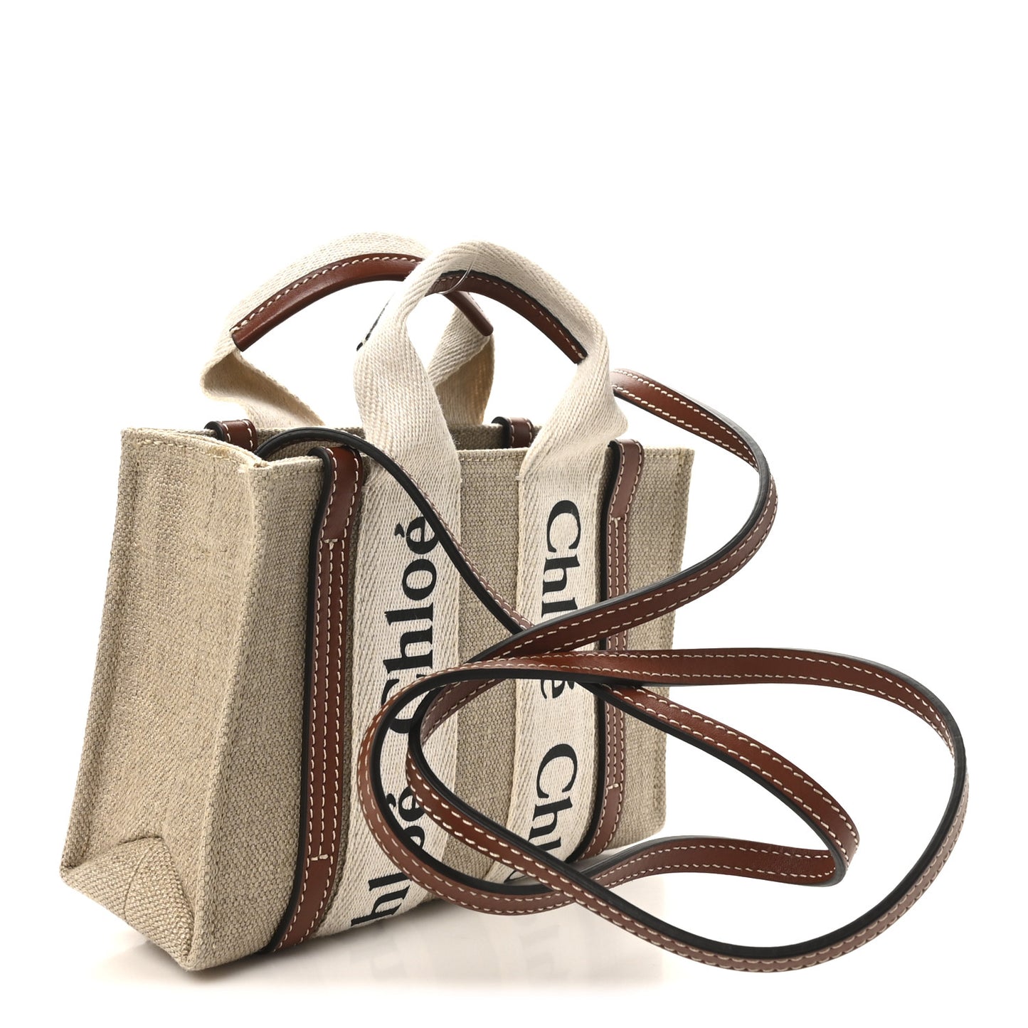 Linen Calfskin Mini Woody Ribbon Tote White Brown