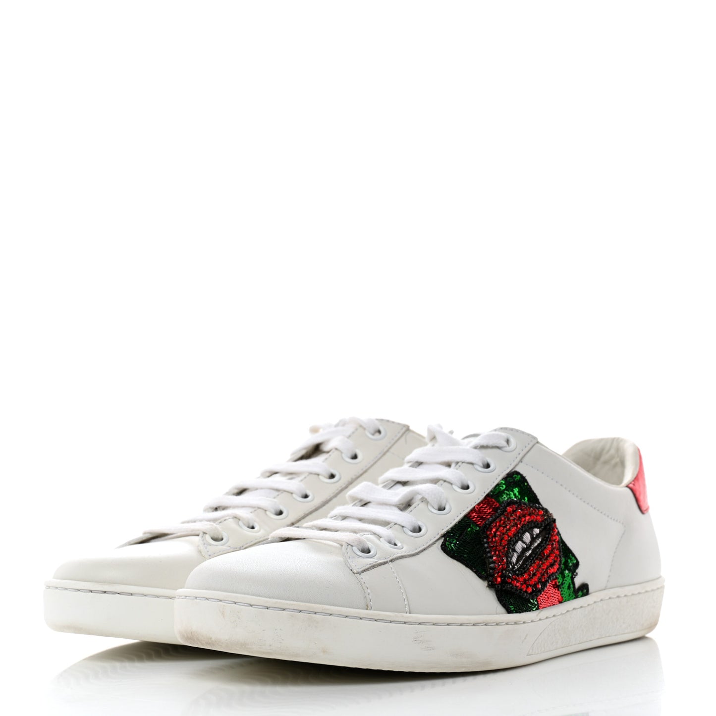 Calfskin Web Crystal Womens Mouth Ace Sneakers 38.5 White
