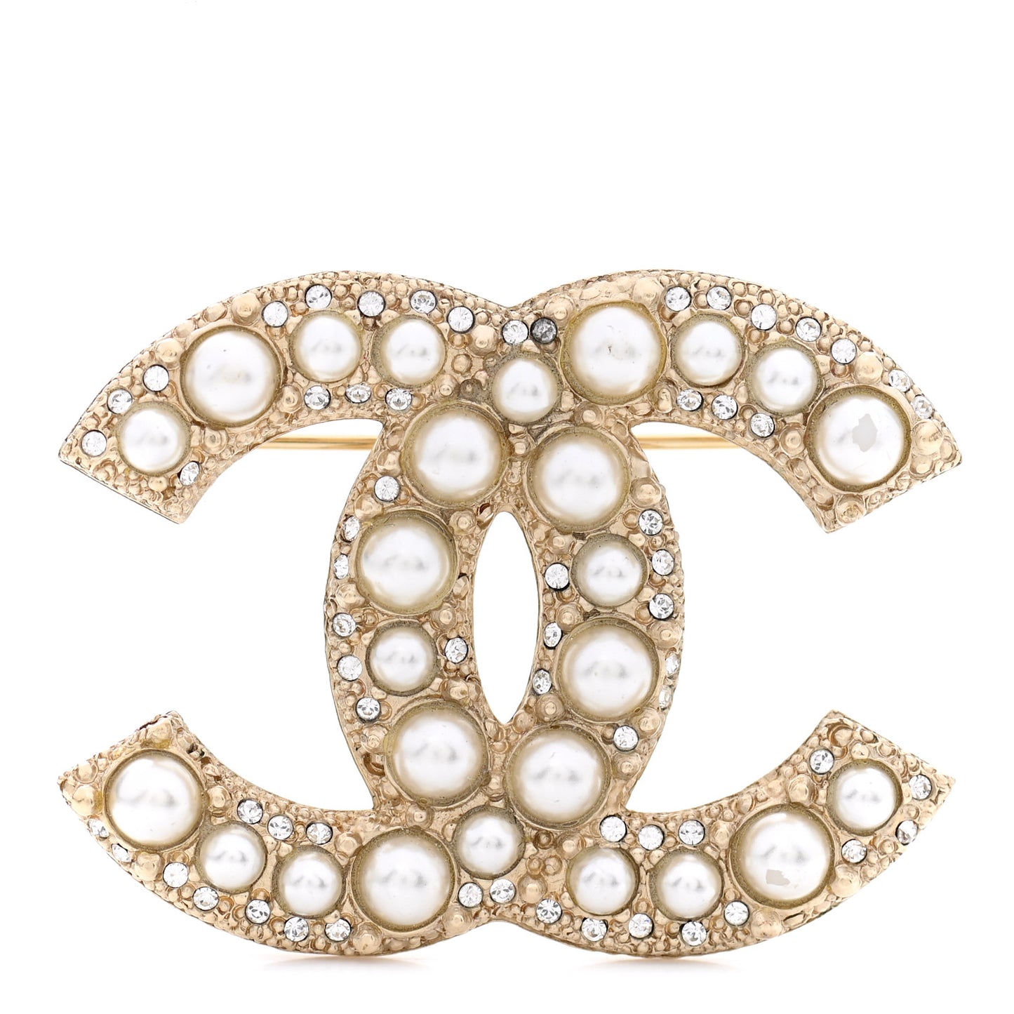 Metal Crystal Graduated Pearl CC Brooch Gold