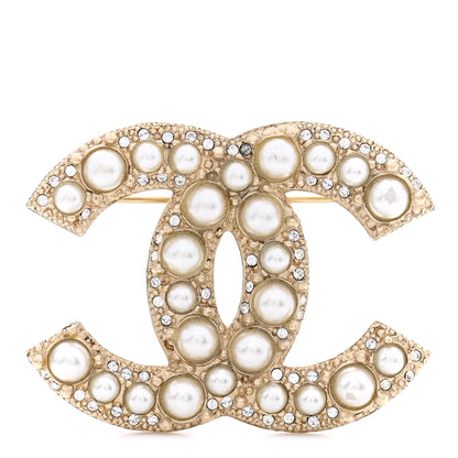 Chanel Metal Crystal Graduated Pearl CC Brooch Gold 1 of 5