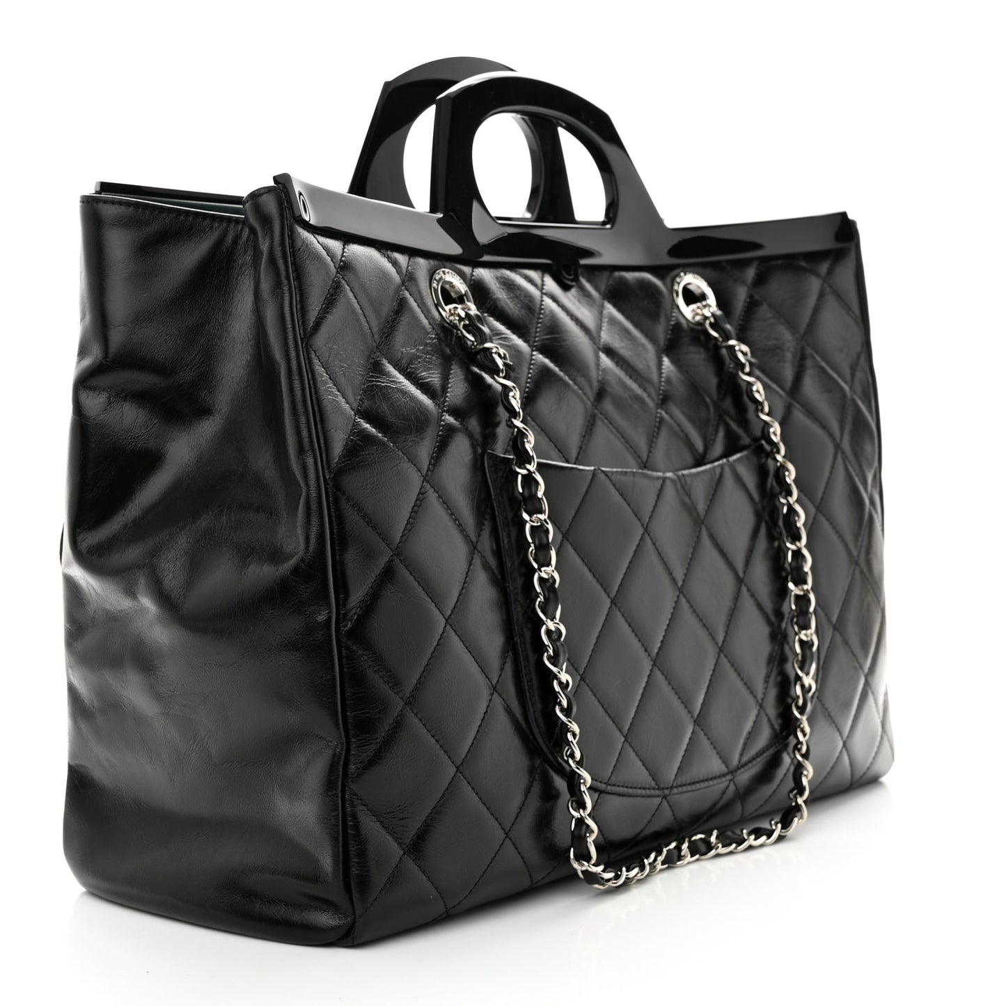 Glazed Calfskin Quilted Large CC Delivery Tote Black