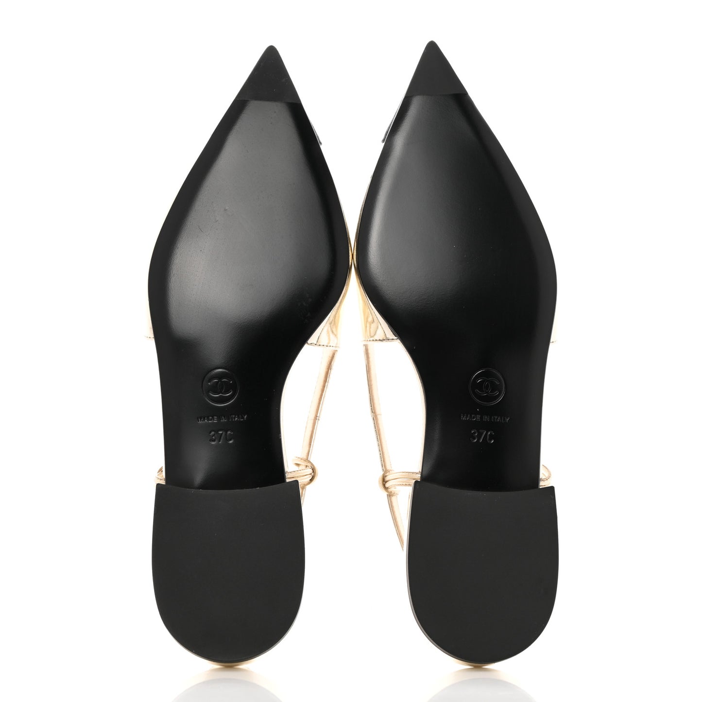 Laminated Calfskin Grosgrain Cap Toe CC Slingback Flats 37 Gold Black