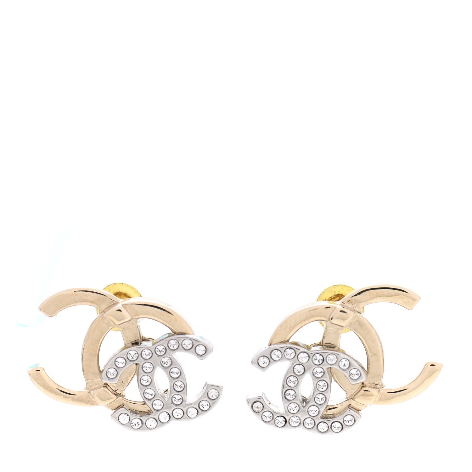 Chanel Crystal Double CC Earrings Gold Silver 1 of 5