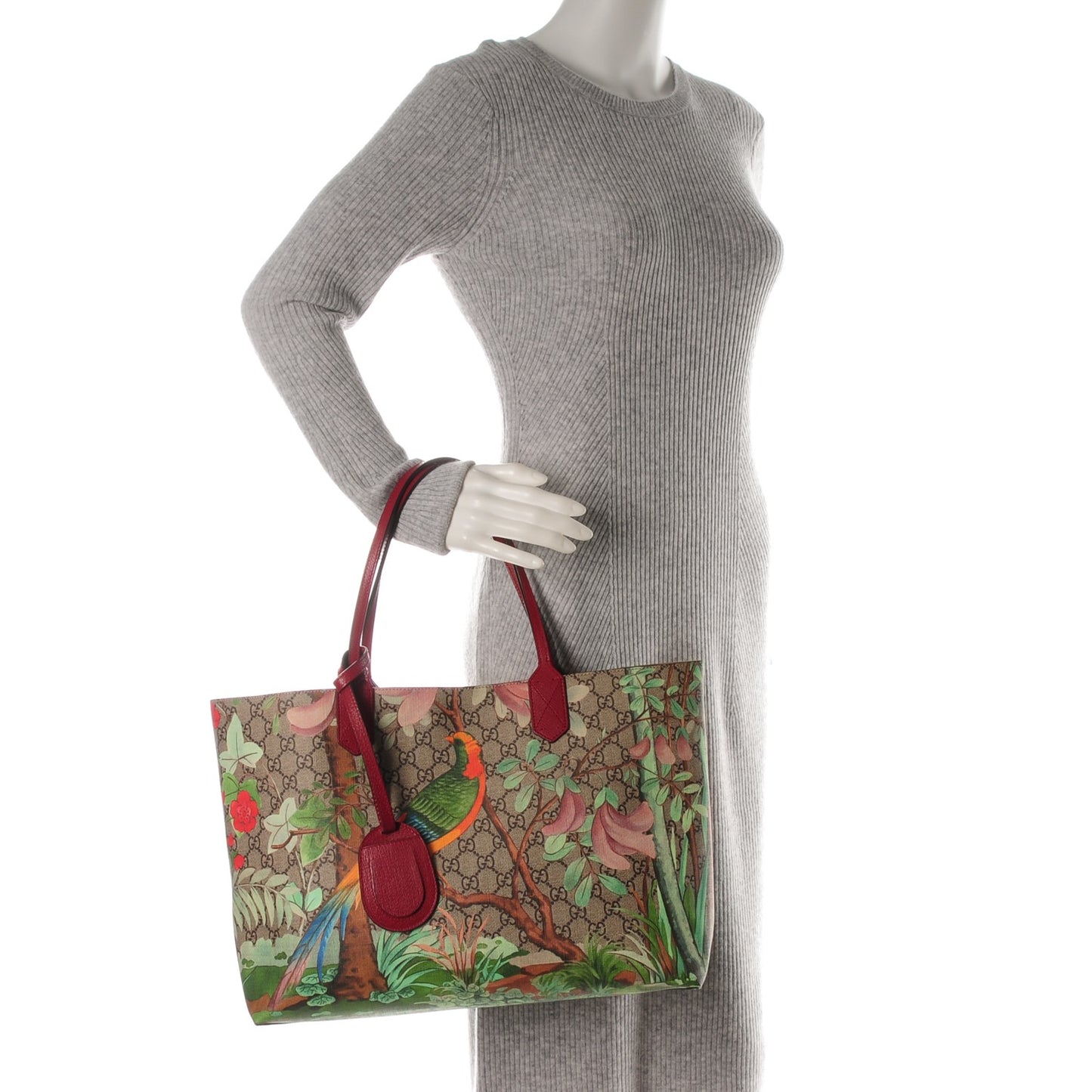 GG Supreme Monogram Tian Medium Shopping Tote Beige Multicolor Red