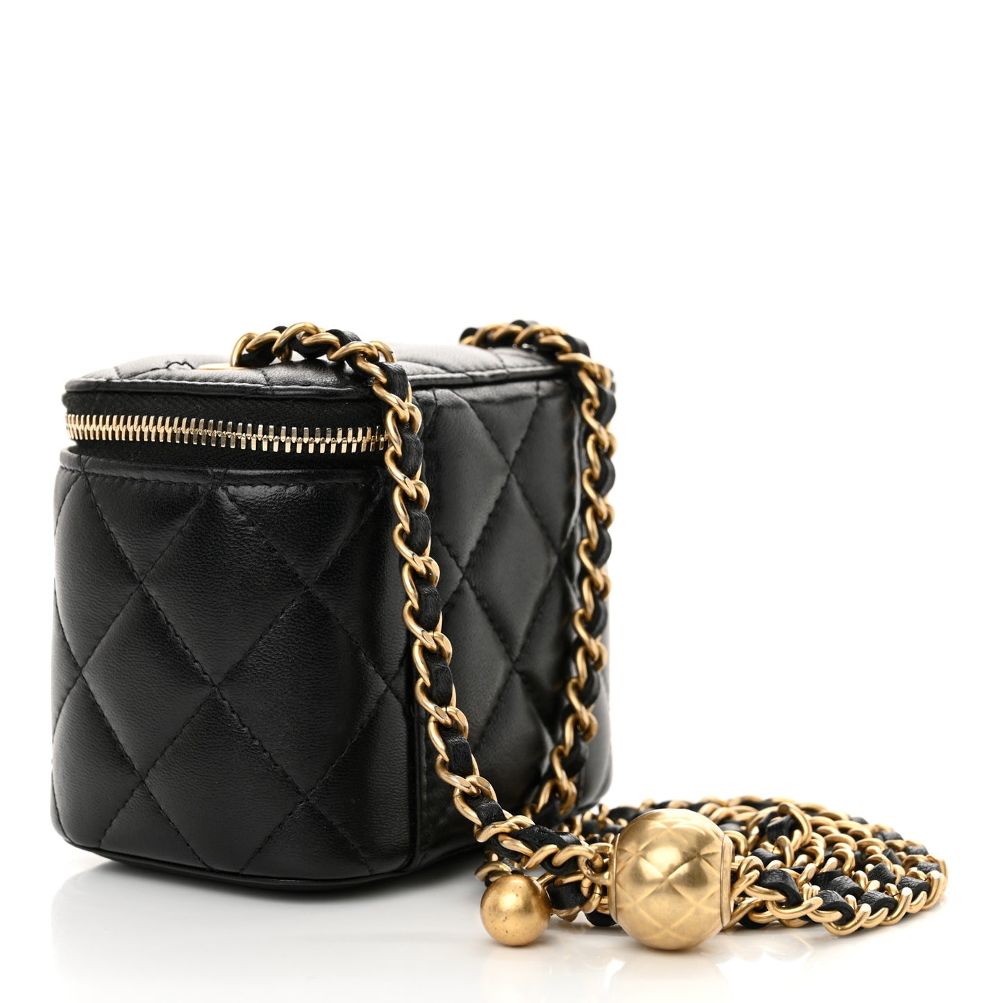 Lambskin Quilted Mini Pearl Crush Vanity Case With Chain Black